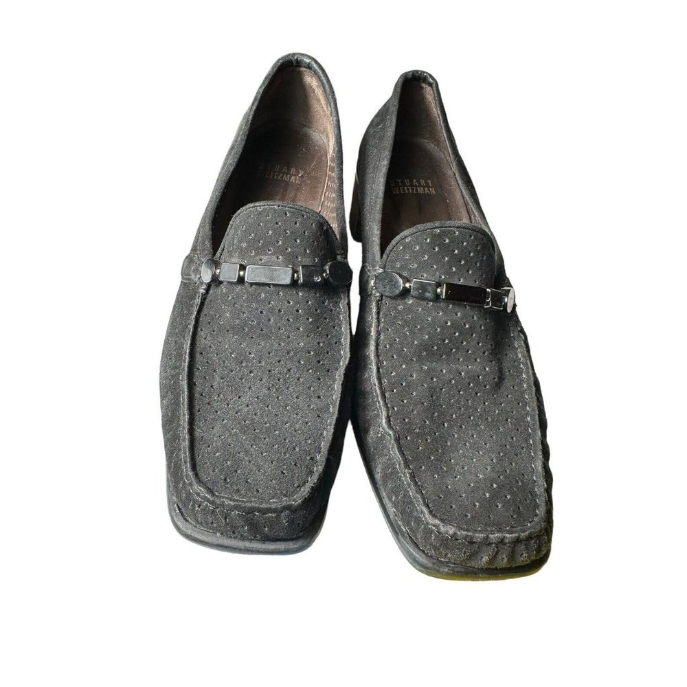 Stuart Weitzman Size‎ 8 Black Suede Perforated Beaded Chunky Heel Loafer #S87-8